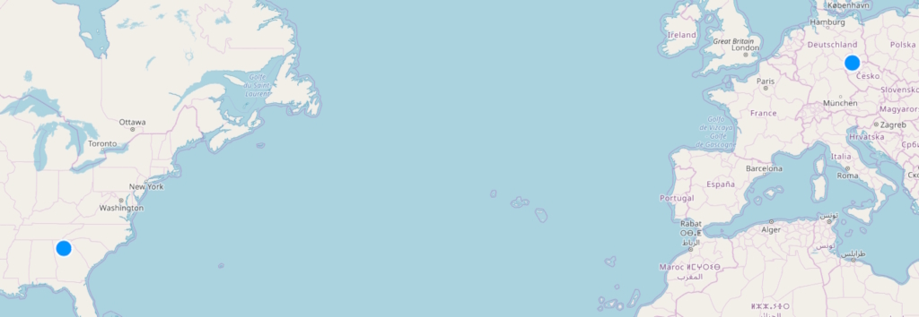 links Alpharetta, recht Flöha und dazwischen ca. 7.600 Kilometer Luftlinie • © OpenStreetMap  contributors.